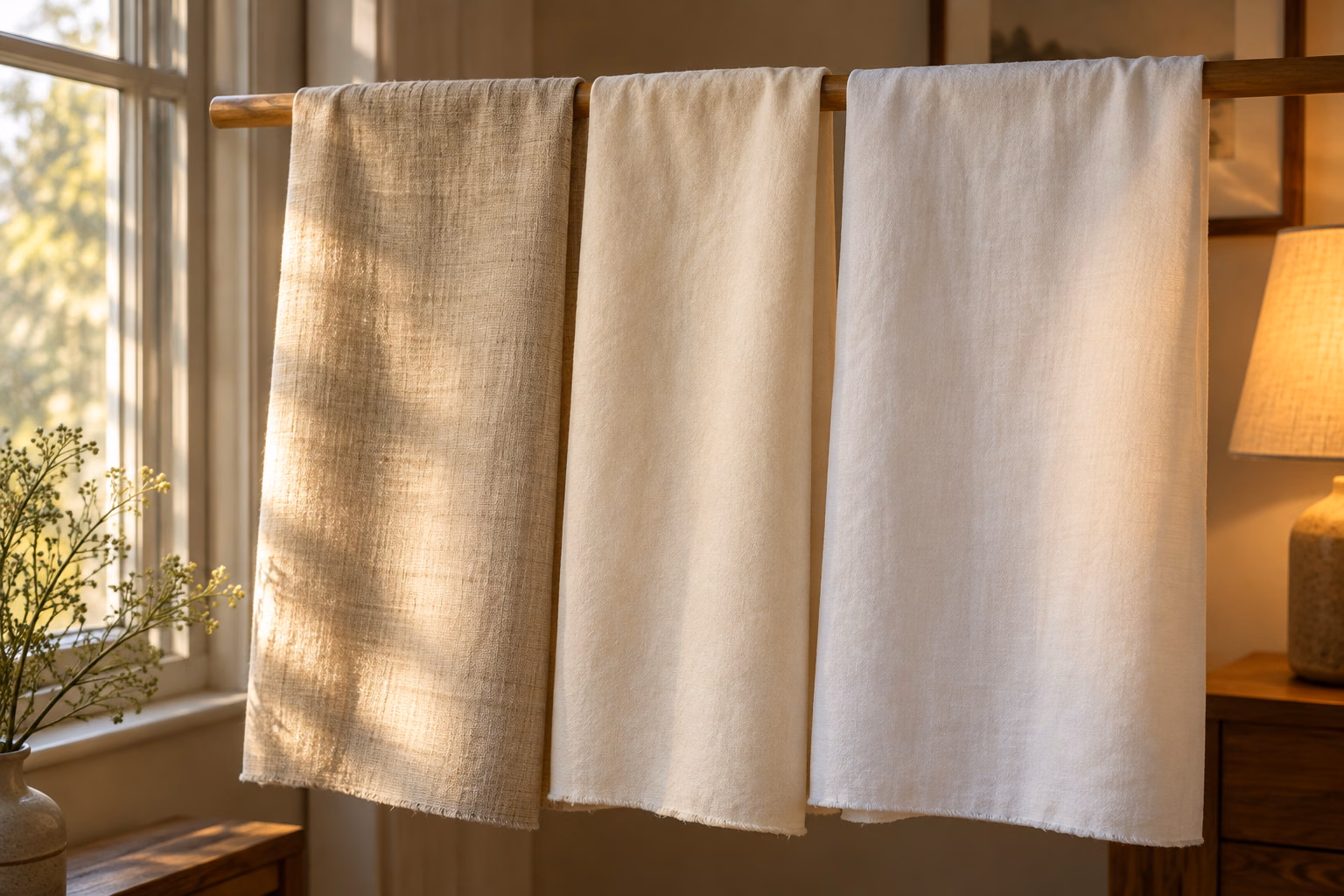 Ecru, cream, and white fabric panels beside a daylight window and warm lamp
