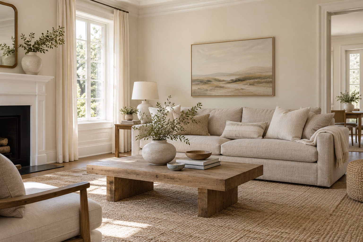 Ecru linen sofa against cream walls with white trim and a beige rug