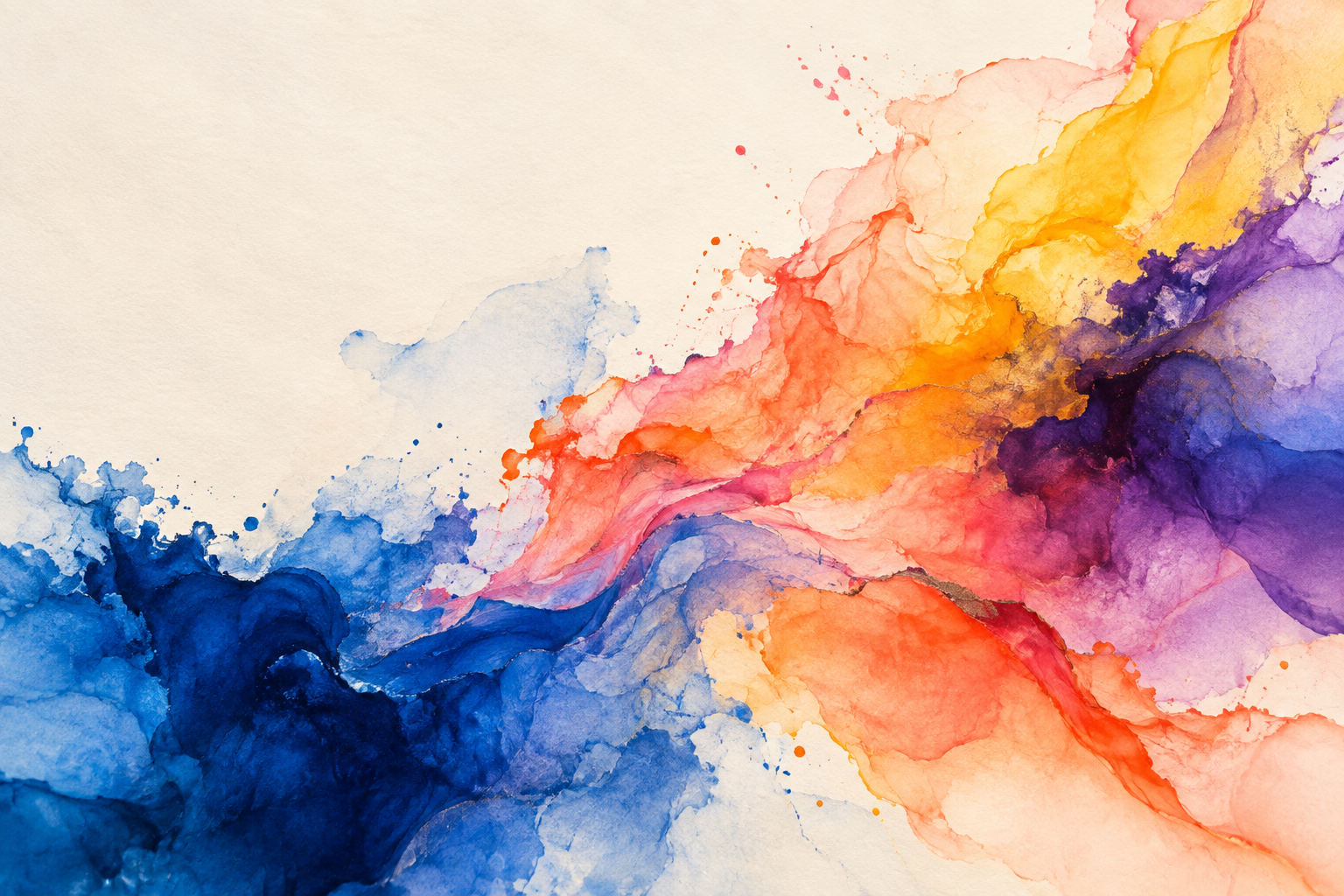 Abstract watercolor pigments in blue, coral, yellow, and violet