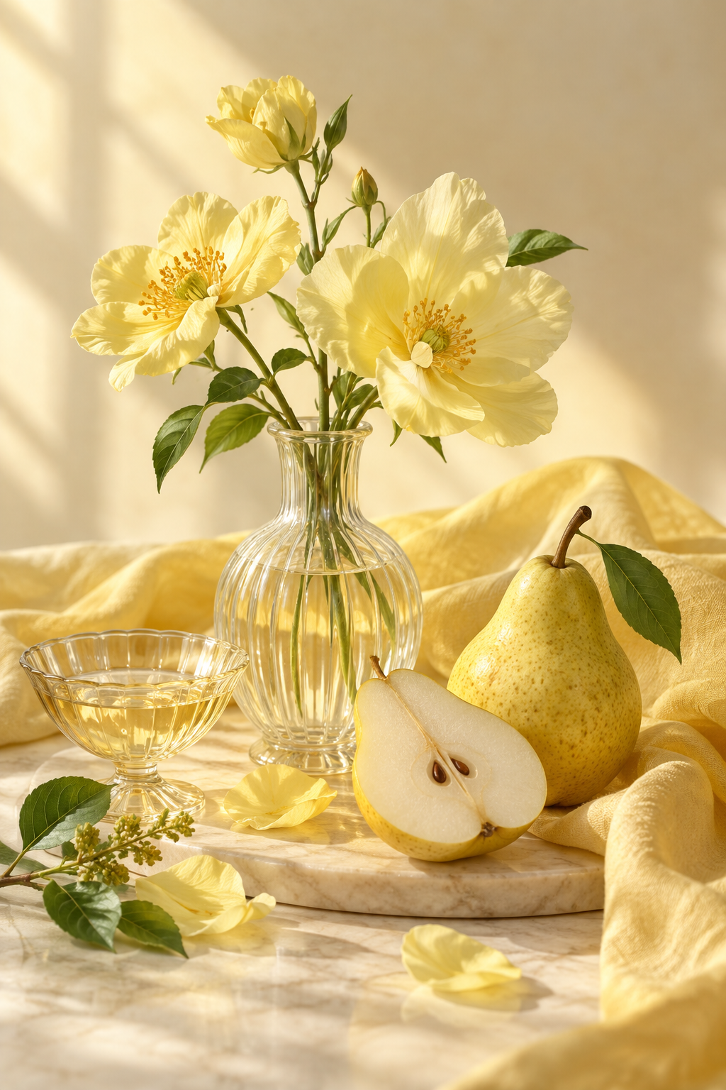 Yellow flowers, pear, and glass arranged in warm sunlight