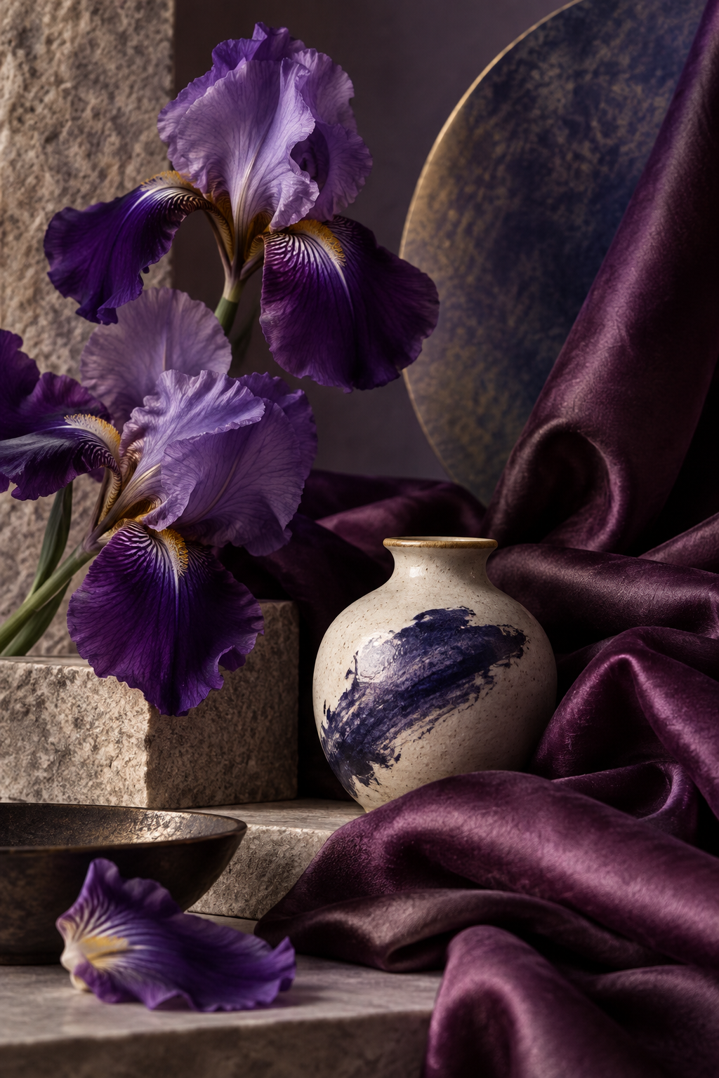 Purple iris, plum silk, and a painted ceramic vessel